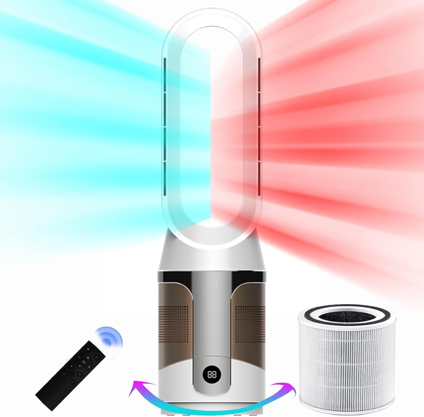 4-in-1 Bladeless Tower Fan: Purifies & Heats, Remote Control, 90 Oscillation