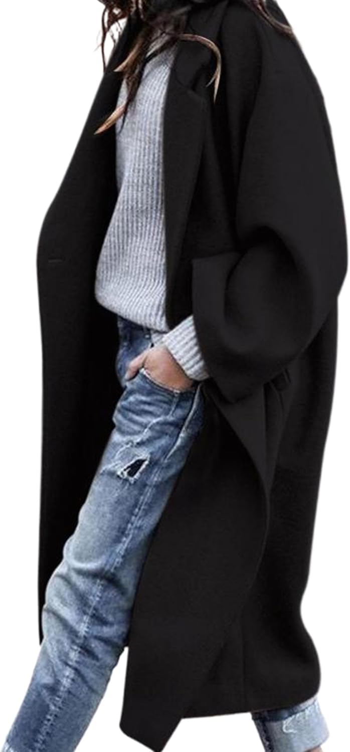 Trendy Long Sleeve Notch Lapel Button Long Jackets for Women