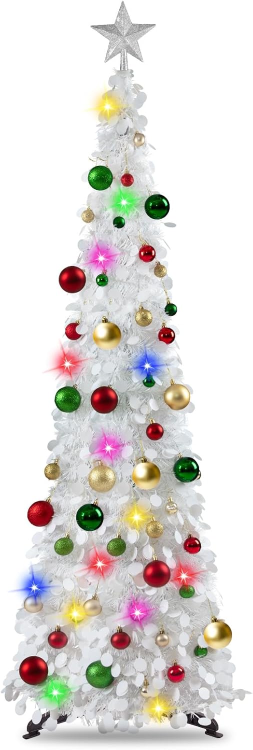 Pop Up Christmas Tree with Lights & 30 Balls for Holiday Decor