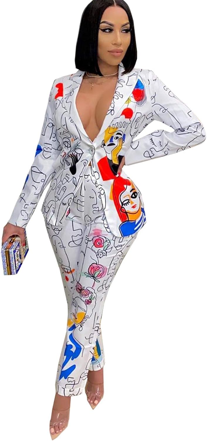 Recious Womens Sexy 2 Pieces Denim Printed Zipper Jackets Set