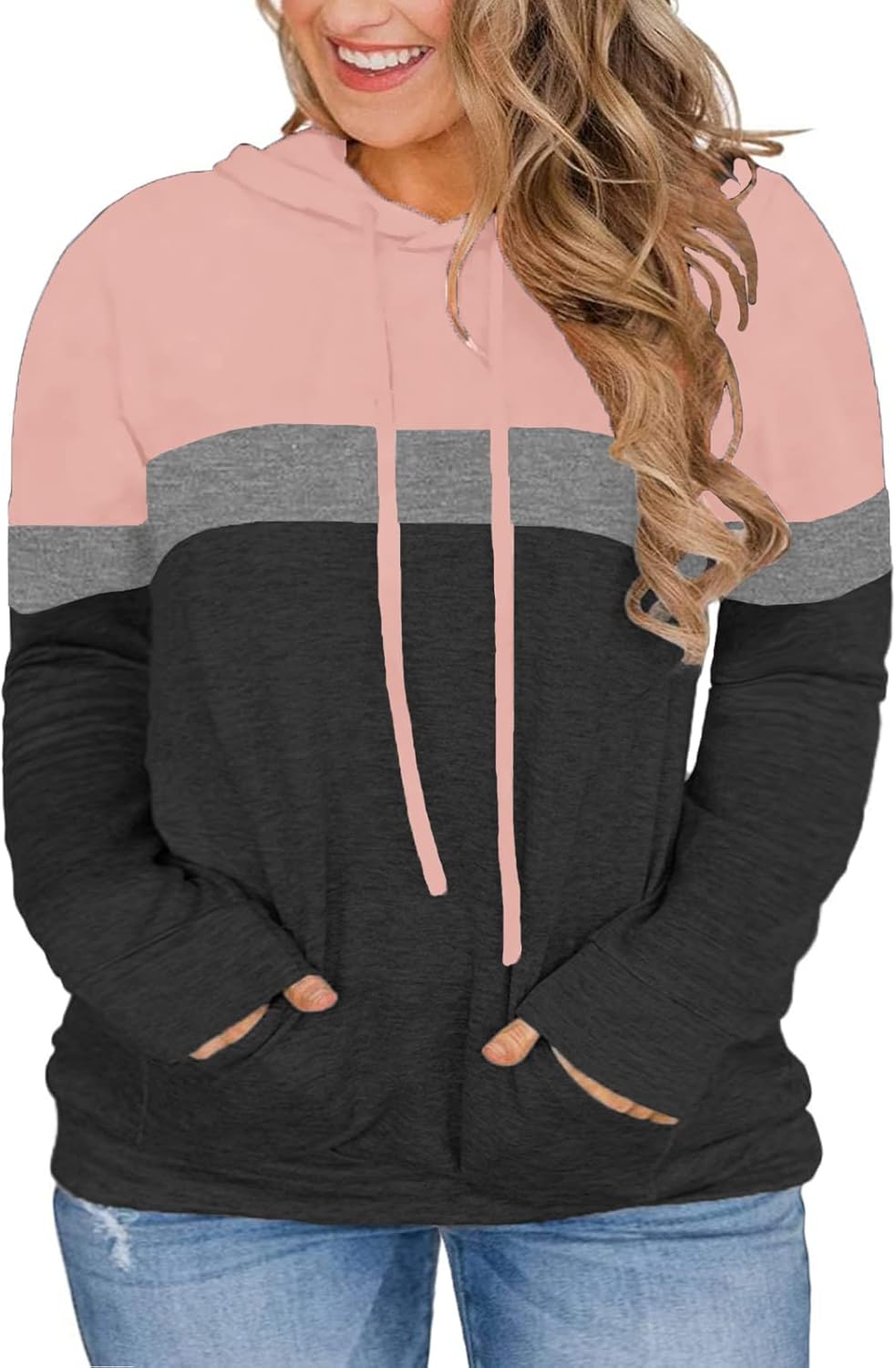 VISLILY Plus Size Color Block Hoodie with Pockets XL-4XL