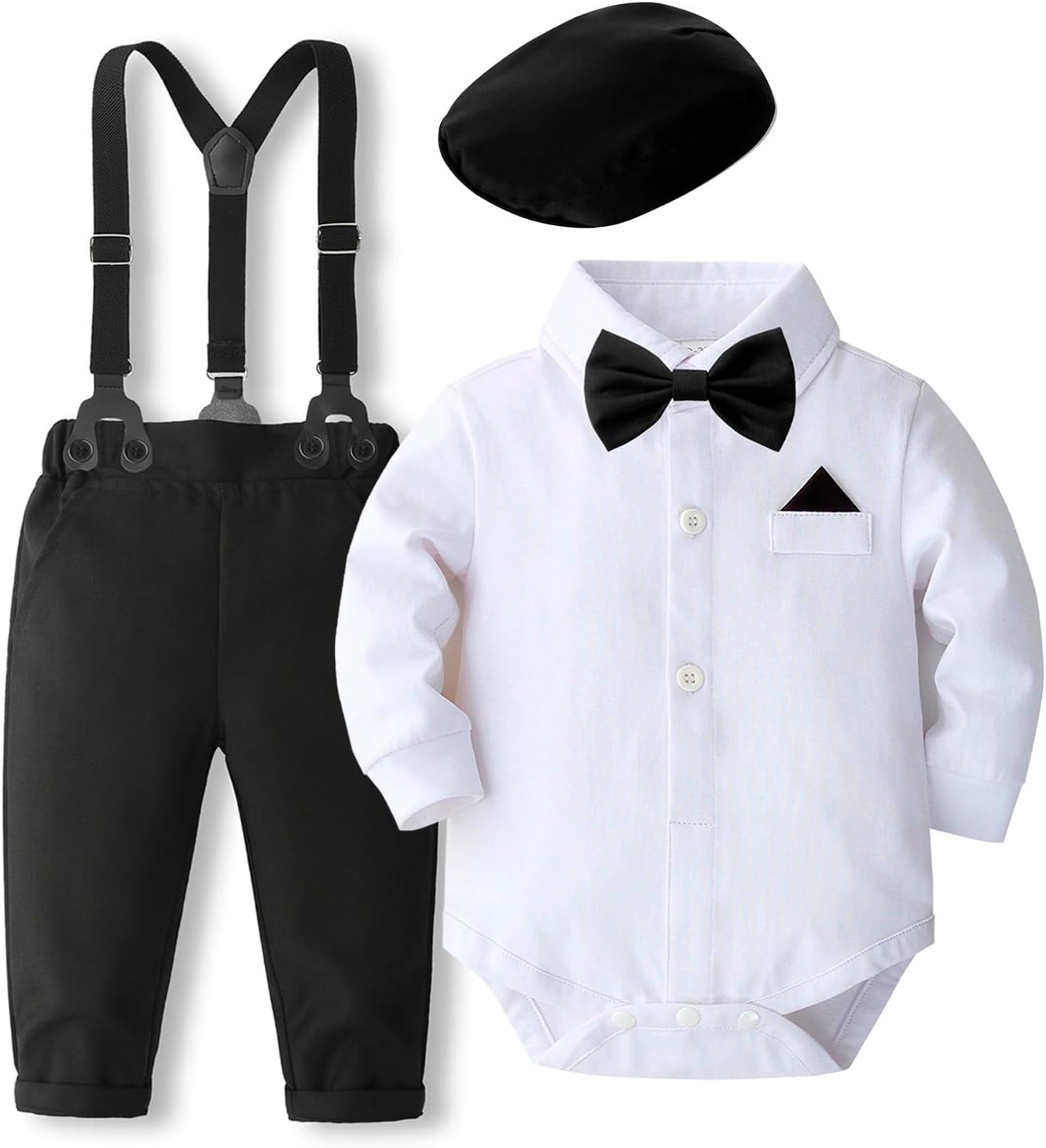 Baby Boy Dress Suit Set with Bowtie and Suspenders for Events