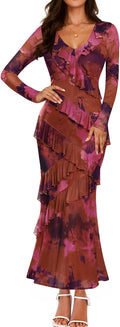 ZESICA Women's Fall Floral Maxi Dress with Ruffle Tiers - Boho V Neck