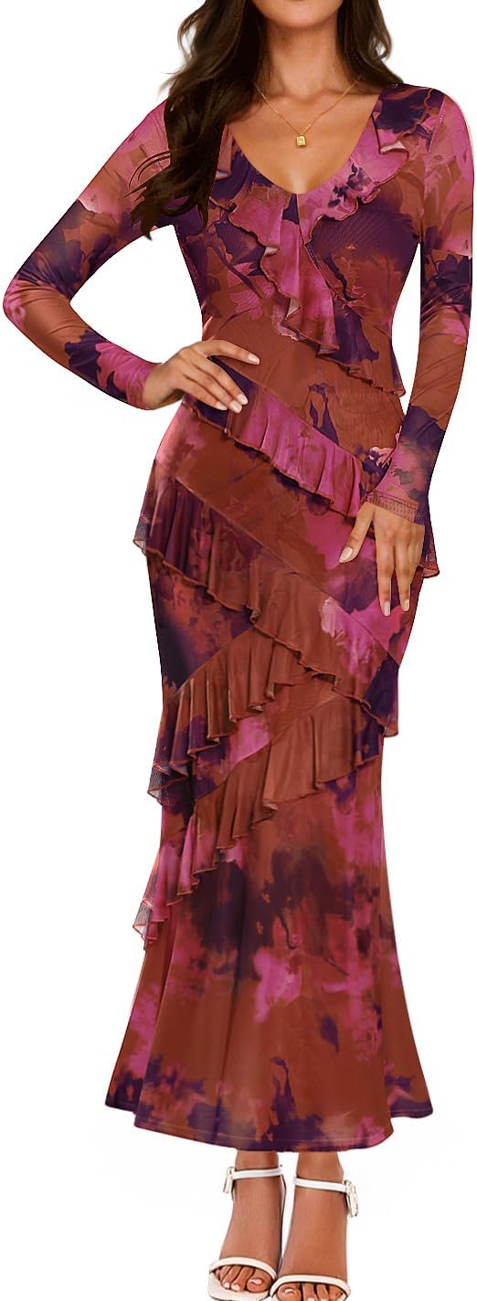 ZESICA Women's Floral Long Sleeve Maxi Dress for Fall Events