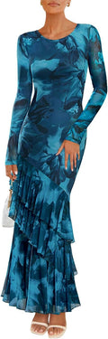 ZESICA Women's Fall Floral Bodycon Ruffle Mermaid Maxi Dress - Elegant