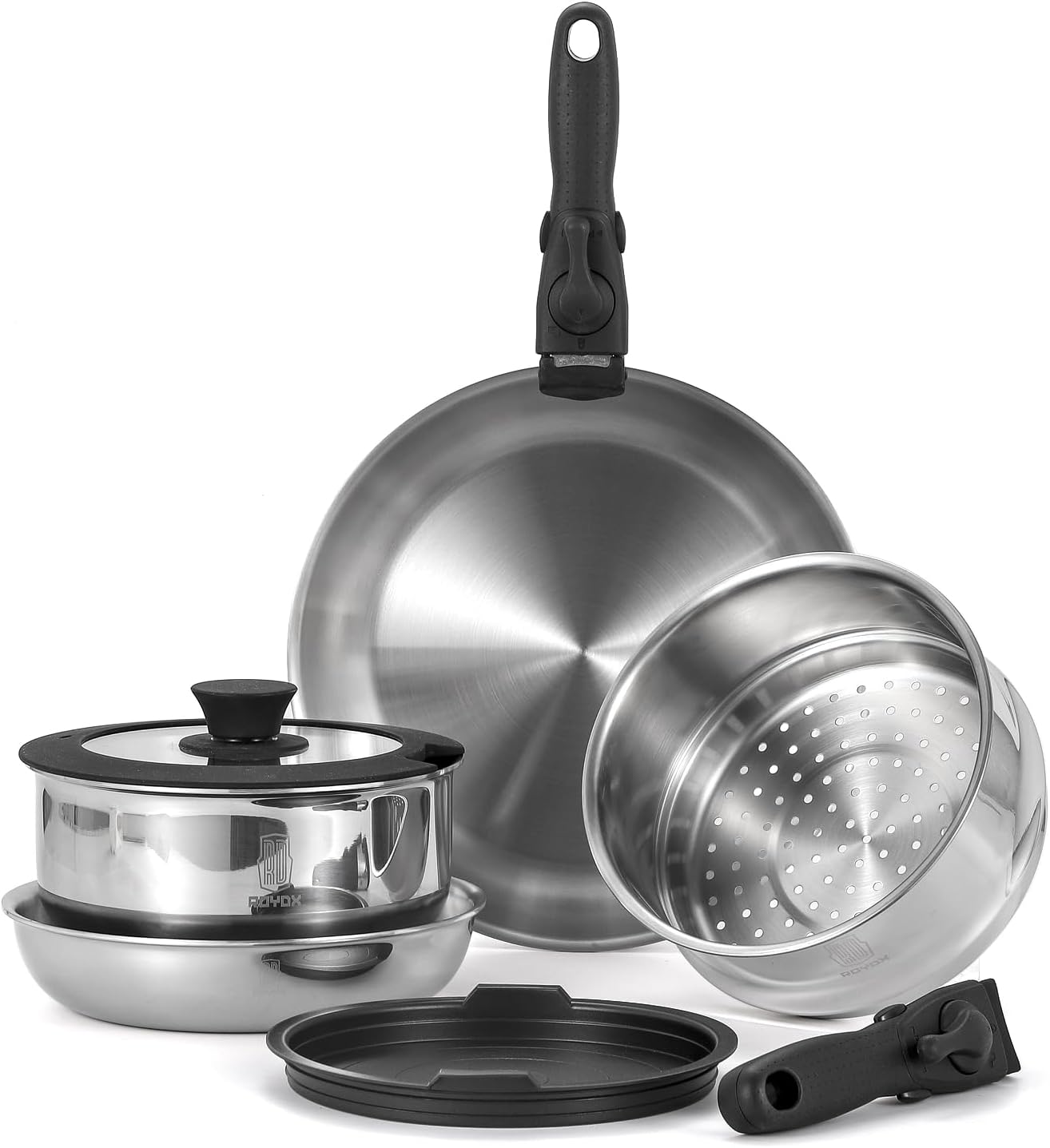 Roydx Stainless Steel Cookware Set - Detachable Handles, PFOA Free