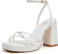 White Heels for Women Square Toe 3in Platform - Strappy Block Heel