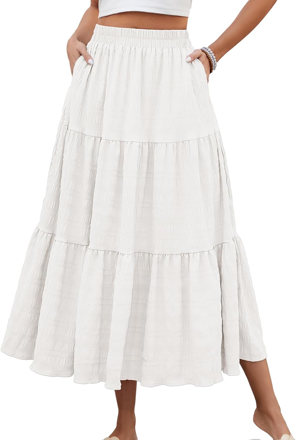 HUSKARY Women's Summer Casual Elegant Smock Layered Maxi Skirt