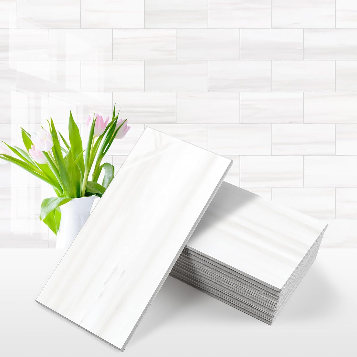 Vamos Tile Glossy Dolomite White Peel and Stick Backsplash Tiles