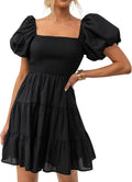 Boho Square Neck Puff Sleeve Mini Dress - Flattering Everyday Style