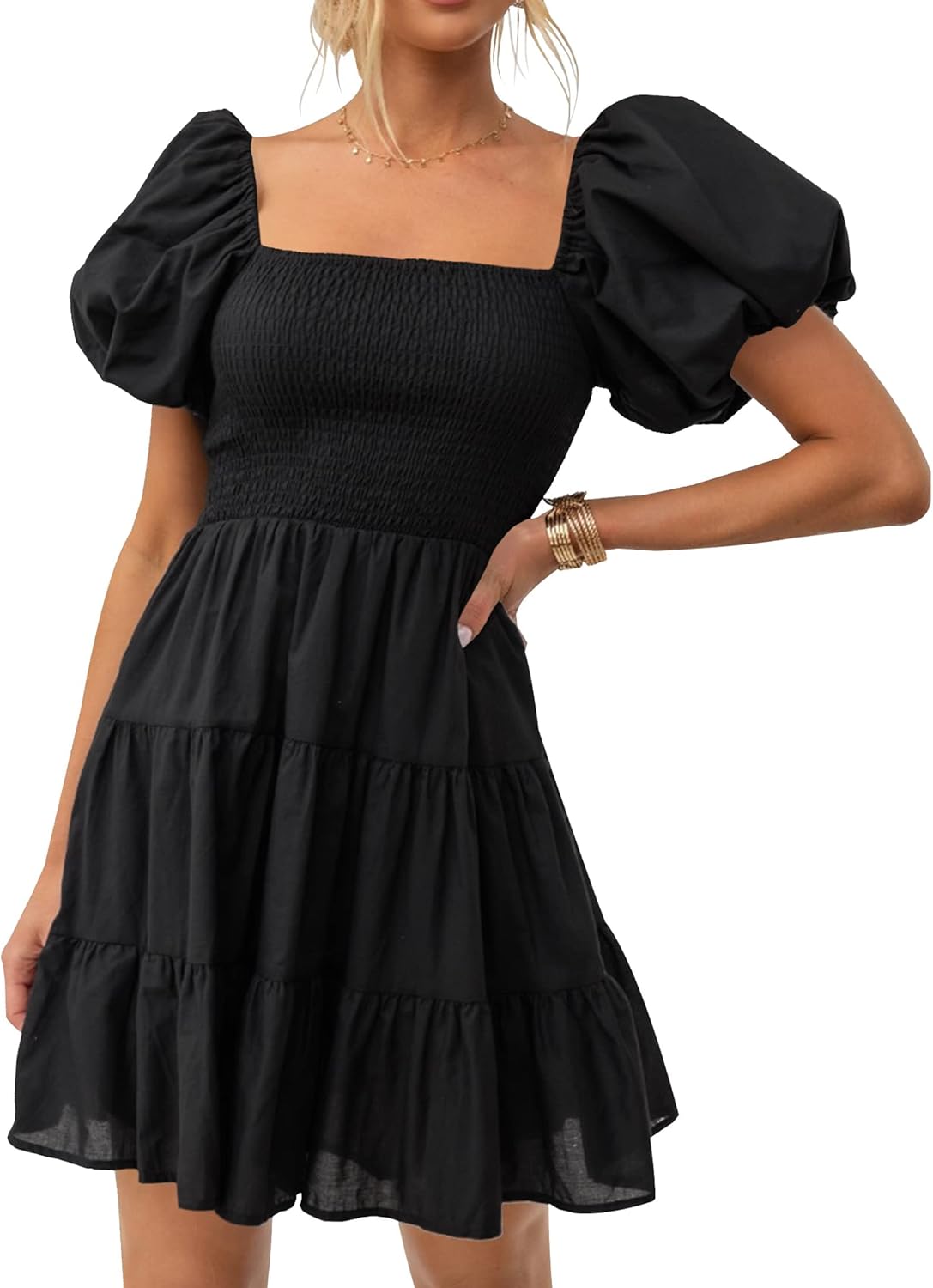 ZESICA Women's Boho Summer Mini Dress with Puff Sleeves