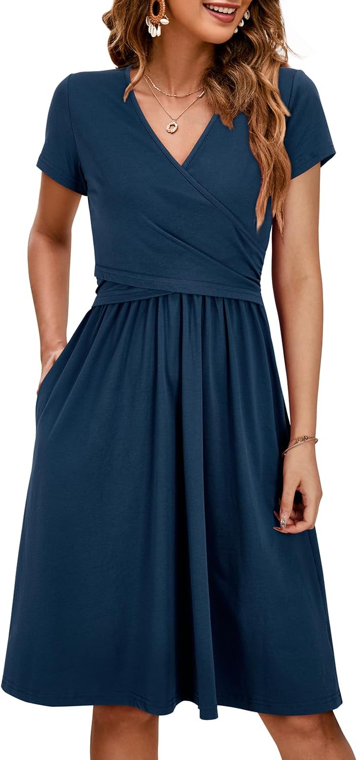 OUGES Women's V Neck Midi Dress with Pockets for Maternity