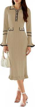 Pink Queen V Neck Bodycon Sweater Dress - Slim Ribbed Maxi Novelty