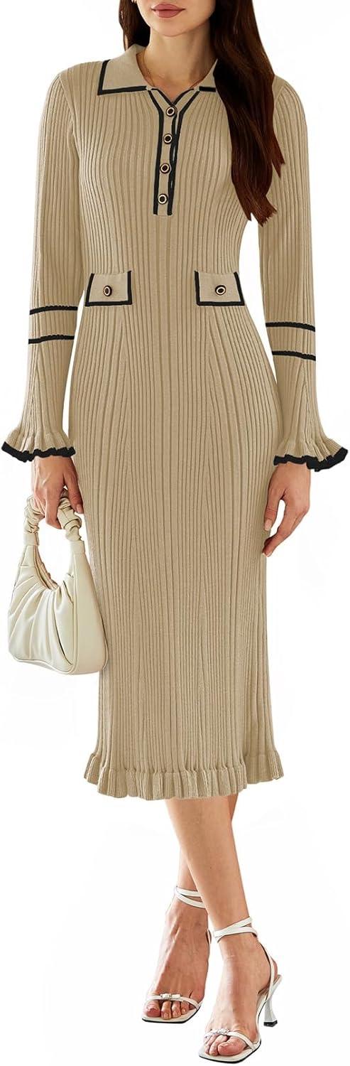 Pink Queen Women's V Neck Bodycon Sweater Dress for Fall Style