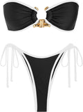 Metal Ring Bandeau Bikini Set Tie Side High Cut Swimsuit - Sparkly