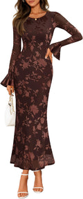 ZESICA Women's Bell Long Sleeve Floral Maxi Dress - Fall Wedding Guest