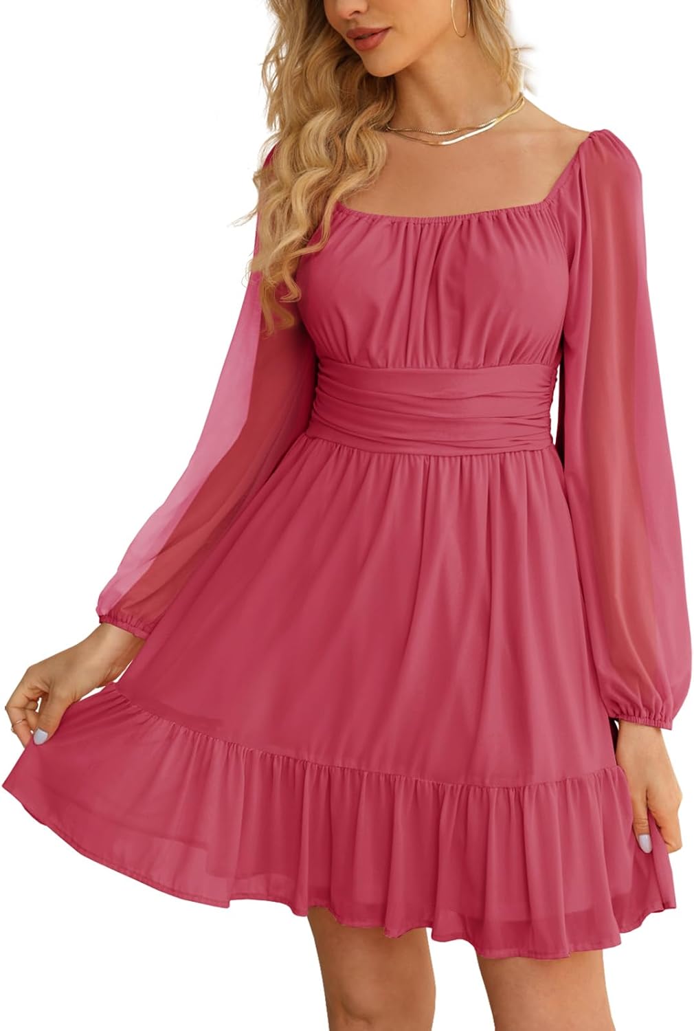 Wenrine Women's Mesh Long Sleeve Square Neck Mini Dress