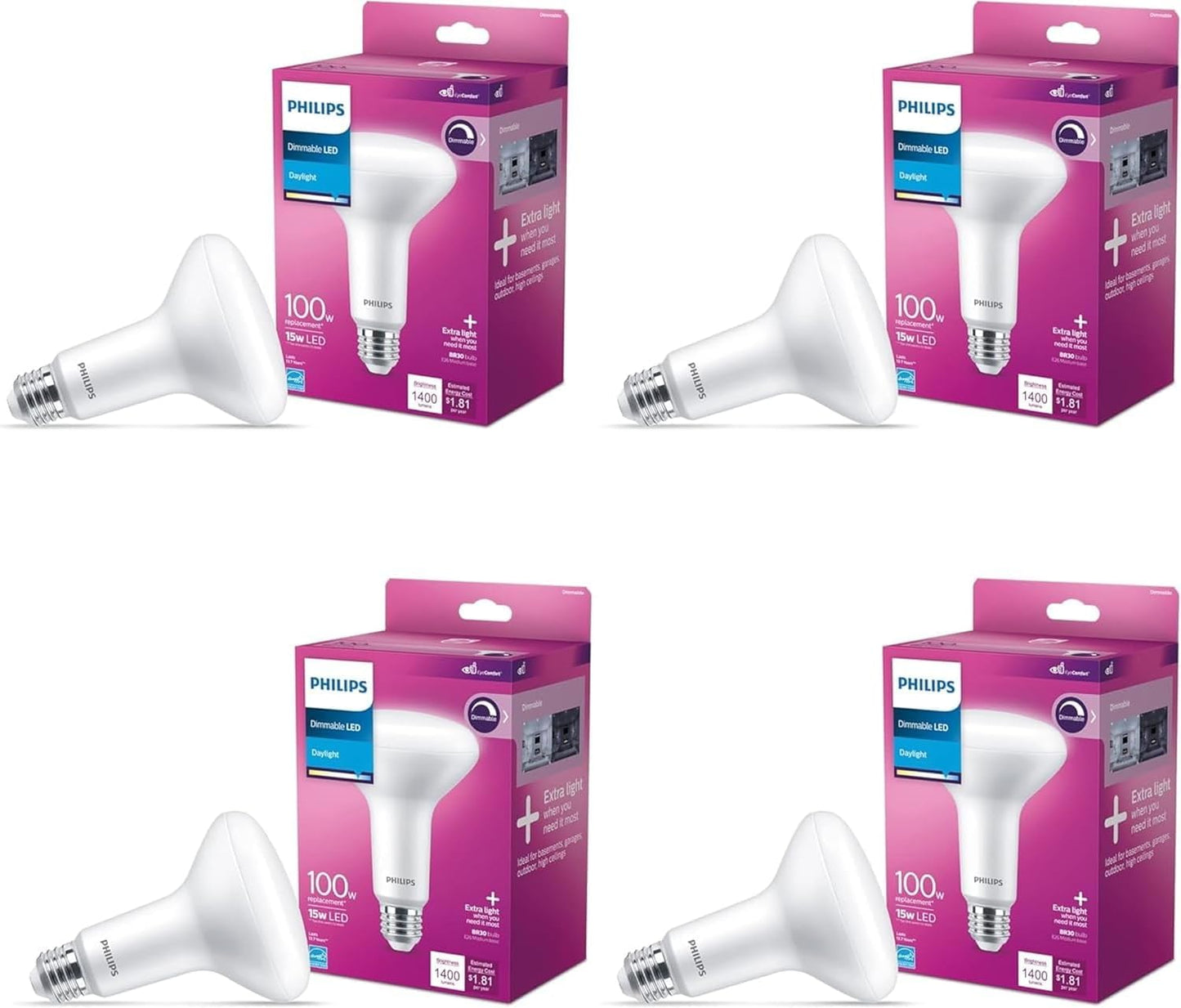PHILIPS LED 100W BR30 4-Pack Daylight Bulbs for Bright Spaces