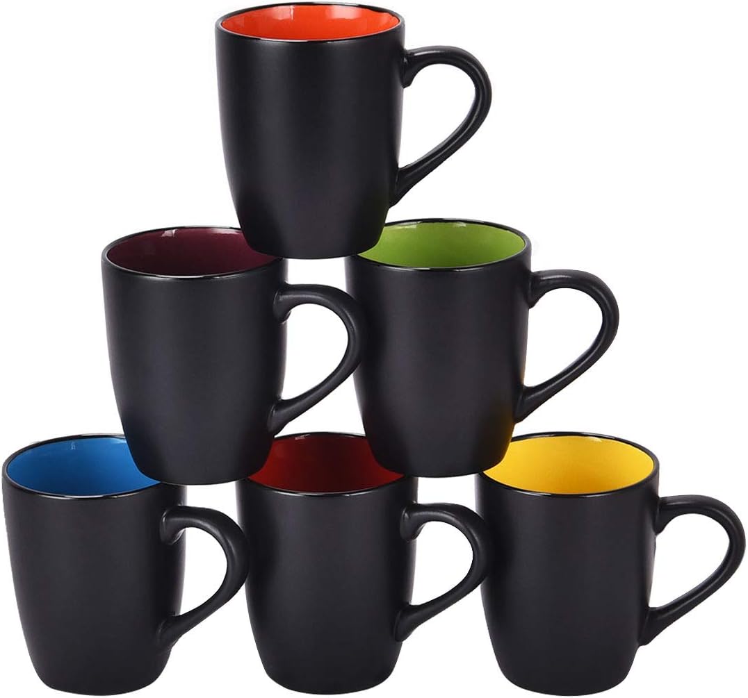 Large 16oz Black Ceramic Coffee Mugs Set - Colorful Inside - Lifecapido