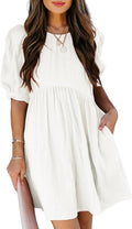 Crewneck Puff Sleeve Babydoll Mini Dress - Lightweight Summer Swing