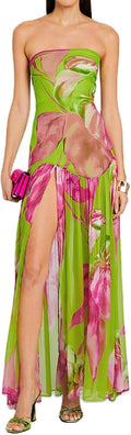 Women Tube Top Mesh Maxi Dress Tiger Stripe - Sheer High Slit