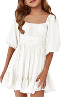 Girls Square Neck Lantern Sleeve Summer Party Mini Dress - Tie Back
