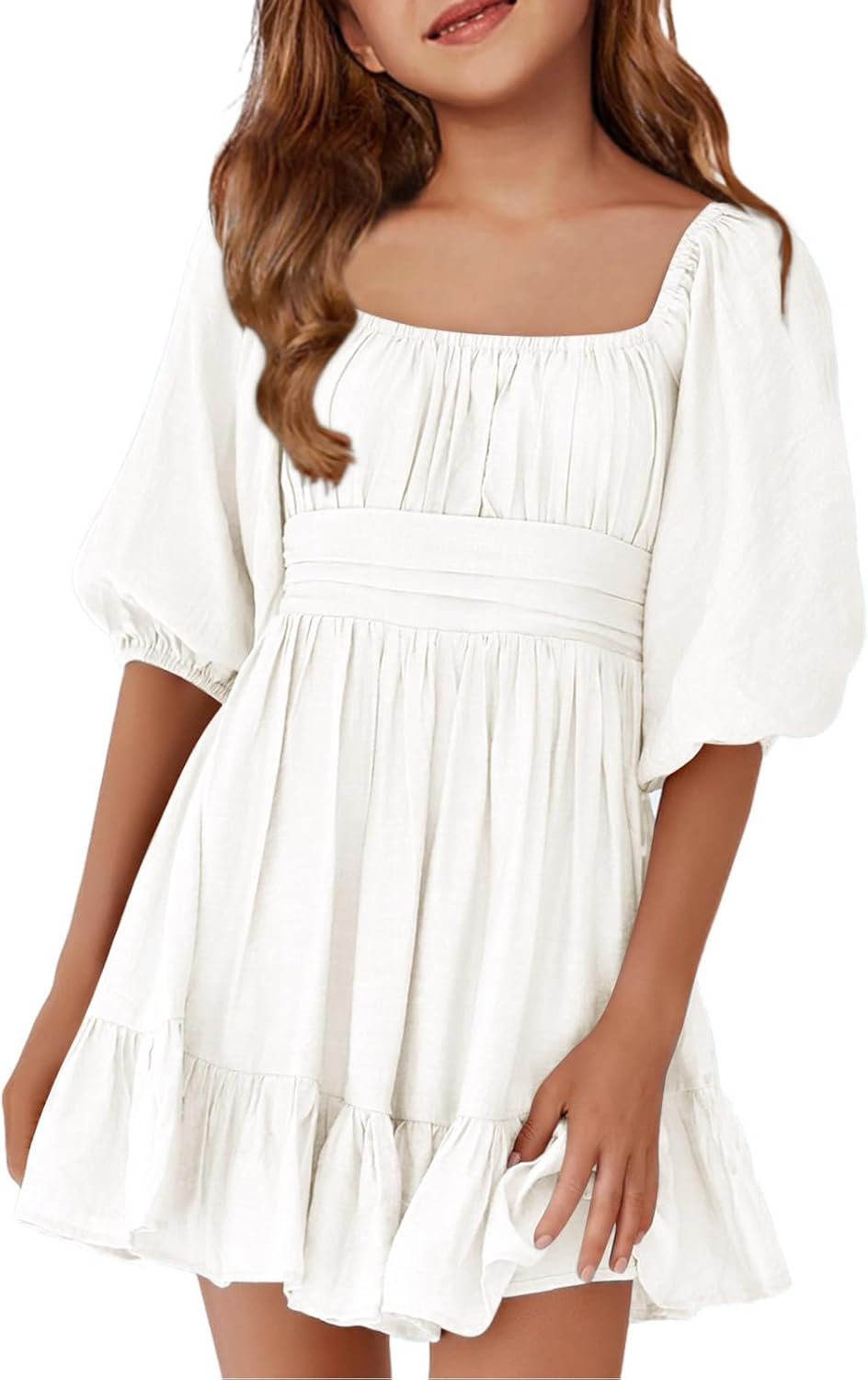 Girls Summer Dresses Square Neck Lantern Sleeve Tie Backless Ruffle
