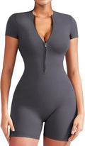 Women Short Sleeve Workout Jumpsuit Zip Up Romper (Style MRMQ)