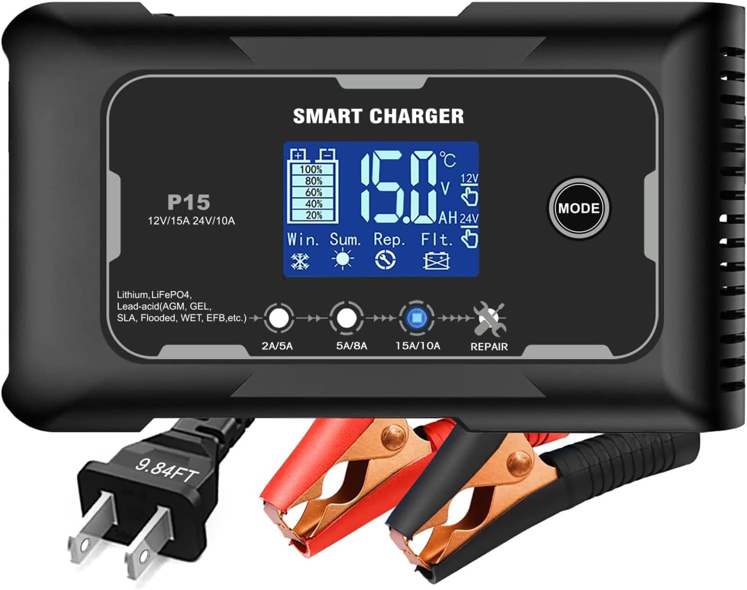 15-Amp Smart Charger: Revive & Extend Battery Life 