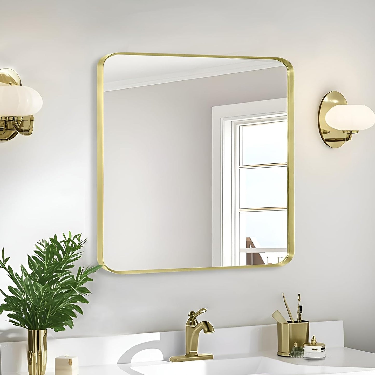 Wall Mount Mirror for Bathroom, Brushed Gold Metal Framed Design