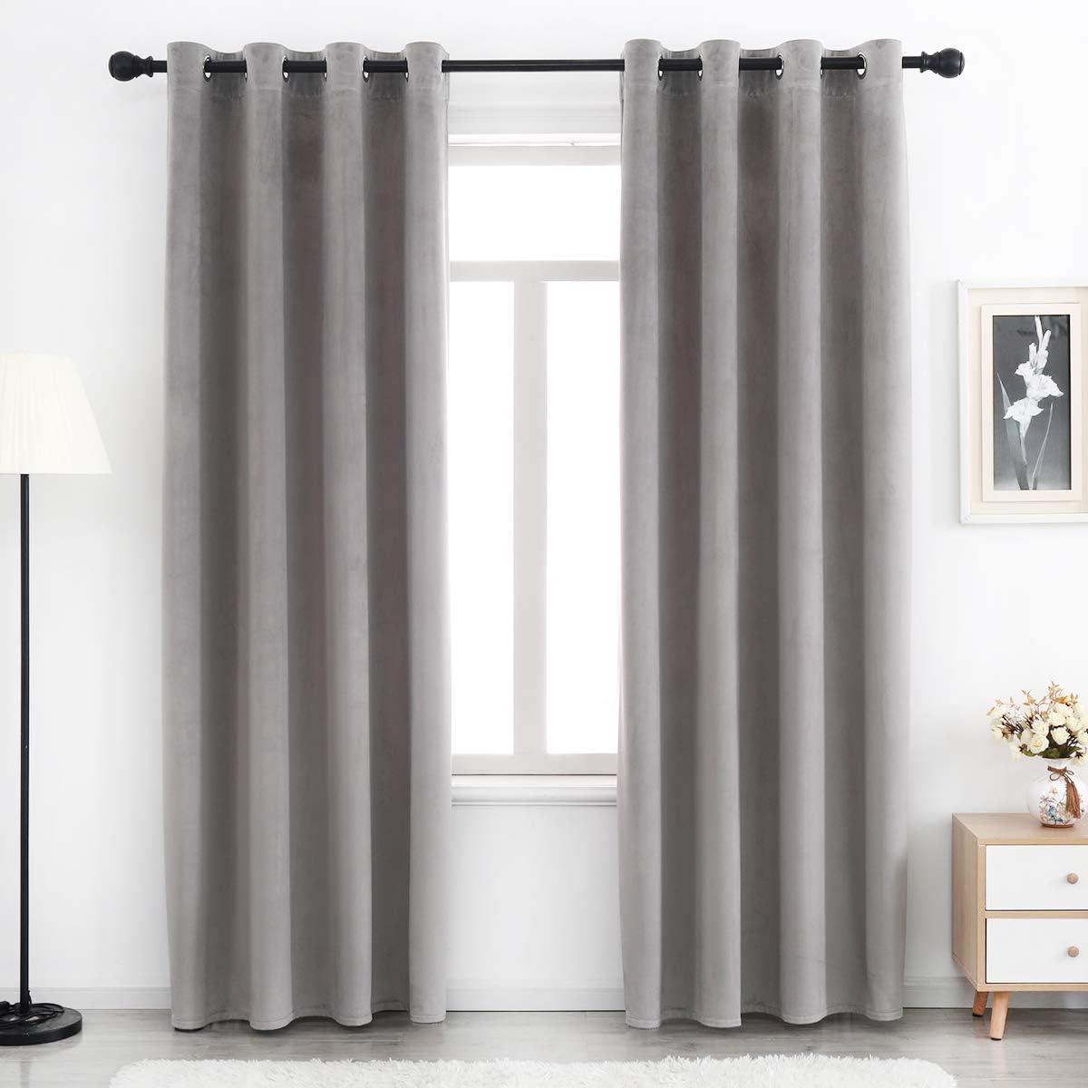 Soft Grey Velvet Blackout Curtains Set - 108 Long