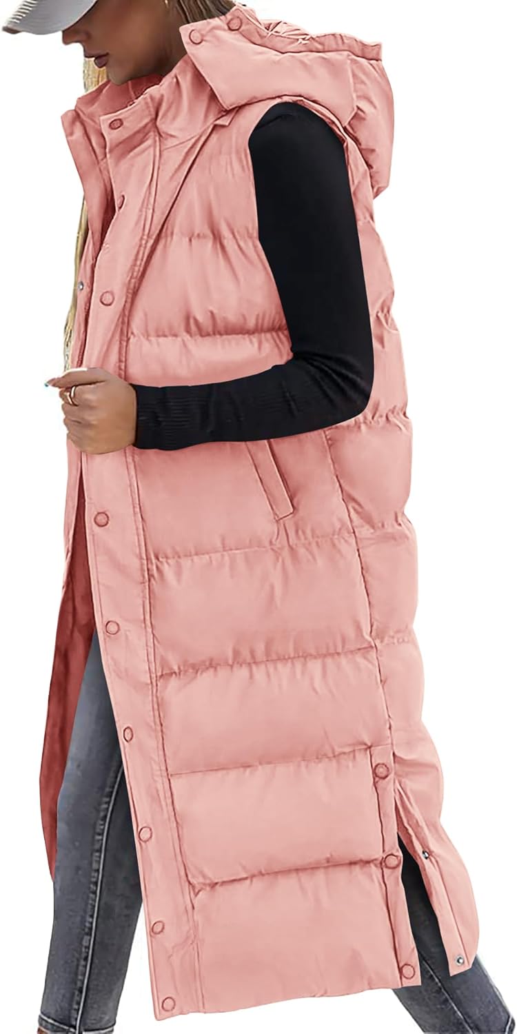 Long Puffer Vest for Women - Quilted Hooded Sleeveless Jacket