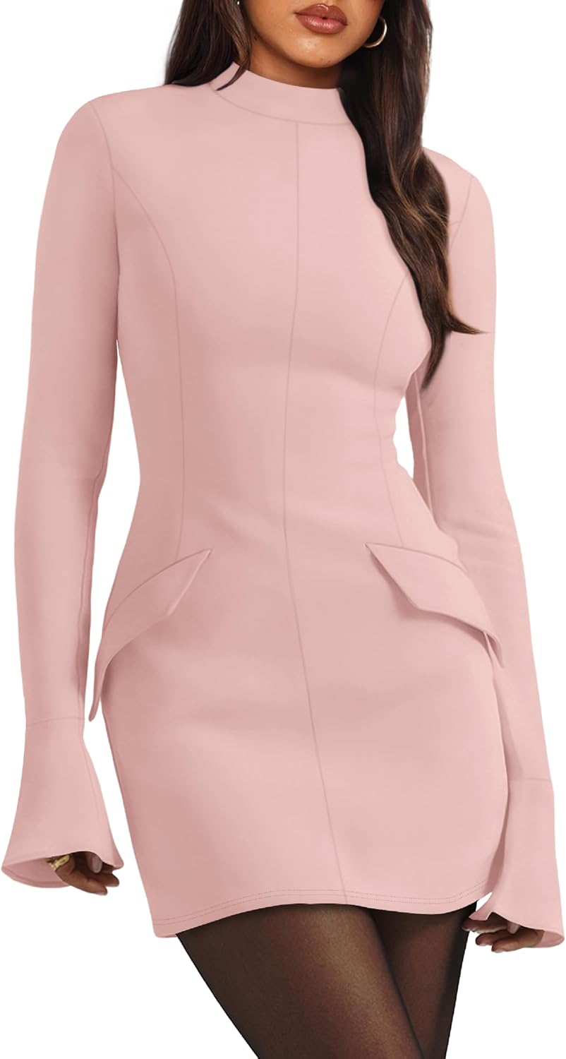 OFEEFAN Women's Fall Long Sleeve Mock Neck Bodycon Mini Dress