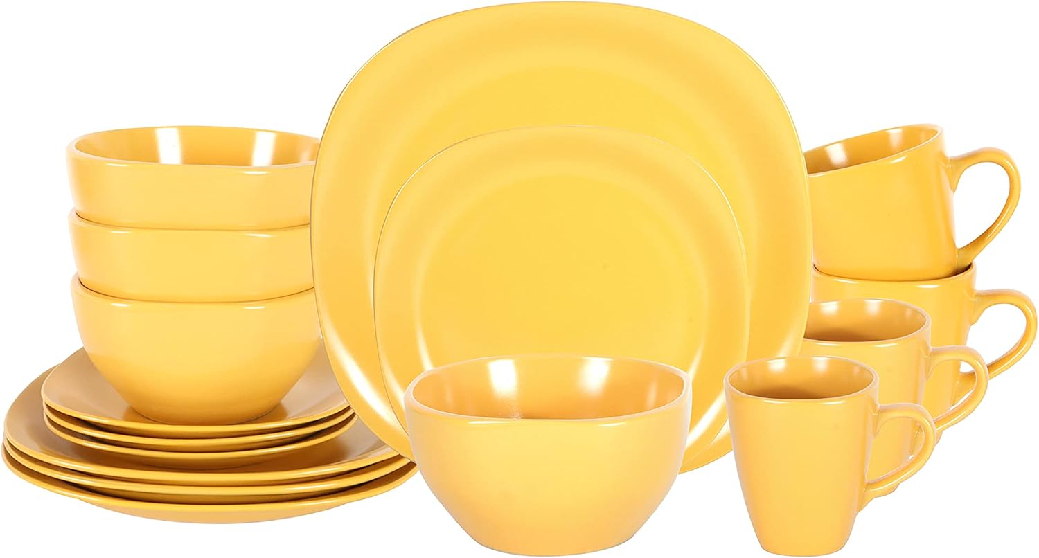 Stoneware Square 16pc Dinnerware Set in Matte Yellow for Modern Dining
