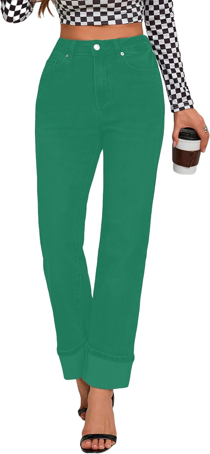 Womens High Waisted Stretchy Straight Leg Jeans for Tummy Control