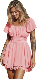 EXLURA Women's Square Neck Ruffle Tie Back Romper Dress - Flattering