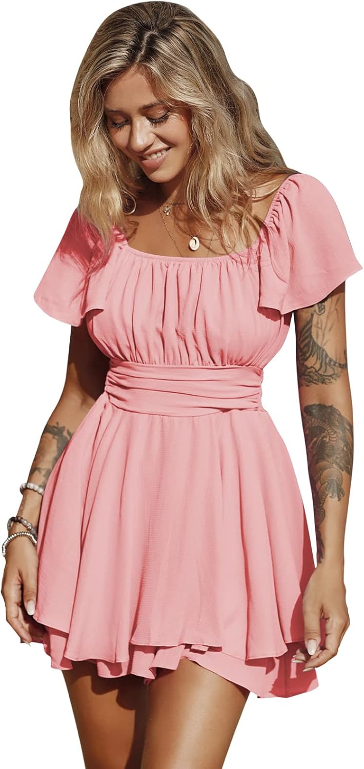 EXLURA Women's Summer Ruffle Short Sleeve Tie Back Romper Dress
