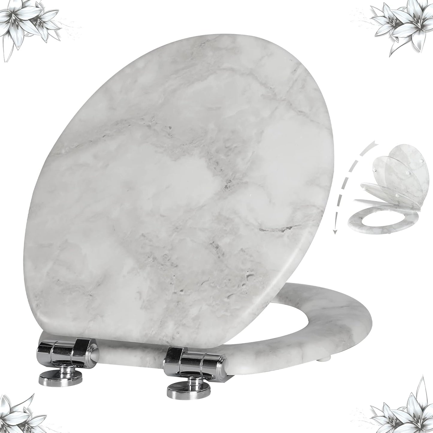 Angel Shield Round Gray Marble Toilet Seat with Quiet Close
