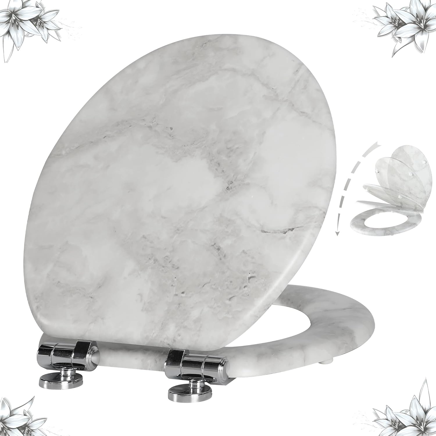Angel Shield Round Gray Marble Toilet Seat with Quiet Close