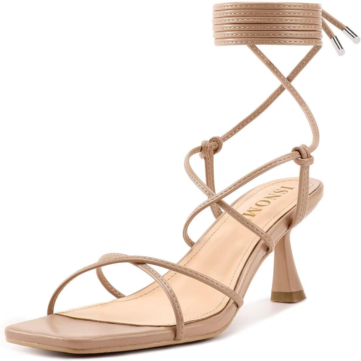 ISNOM Strappy Sandals for Women with Kitten Heels and Lace Up