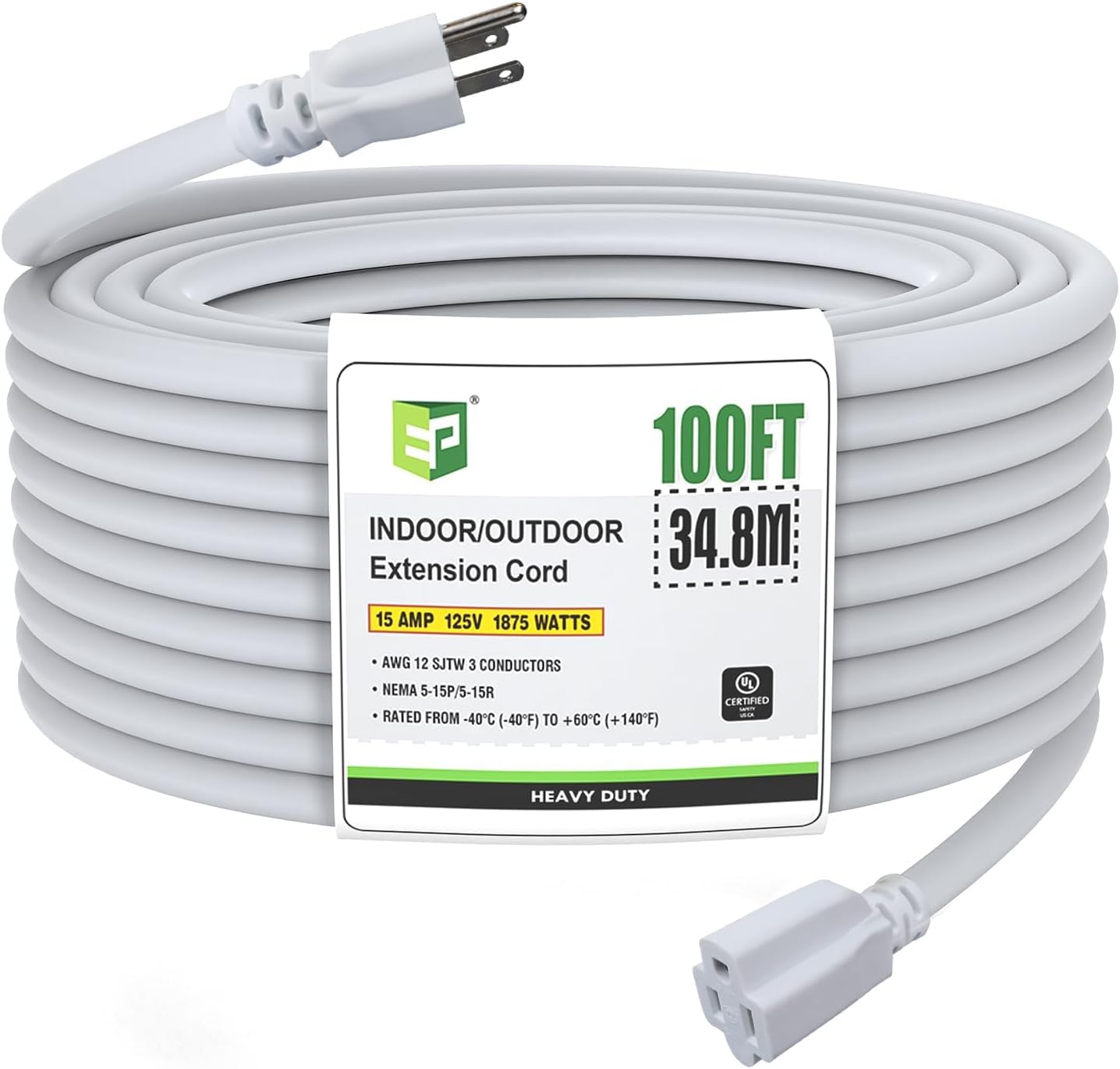 100 Ft Outdoor Extension Cord - Heavy Duty 15 AMP Power Cable