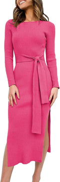 Womens Long Sleeve Sweater Dress Midi - Tie Waist Ribbed Knit