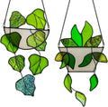 Green Plant Decor Stained Glass Window Hanging - Set of 2
