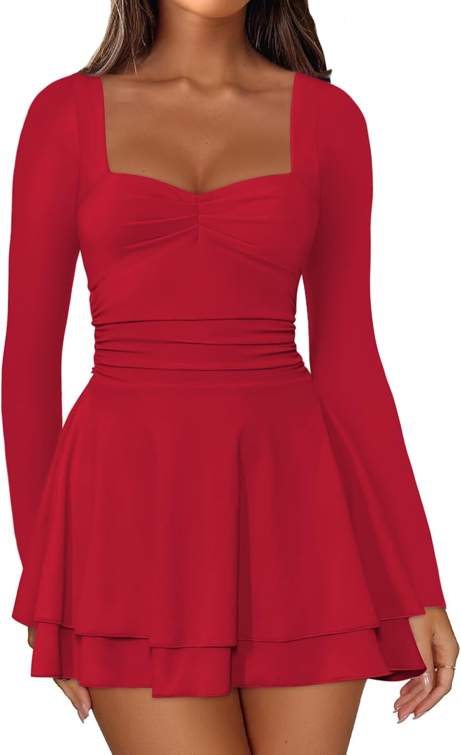IWD Women's Square Neck Long Sleeve Mini Dress for Parties