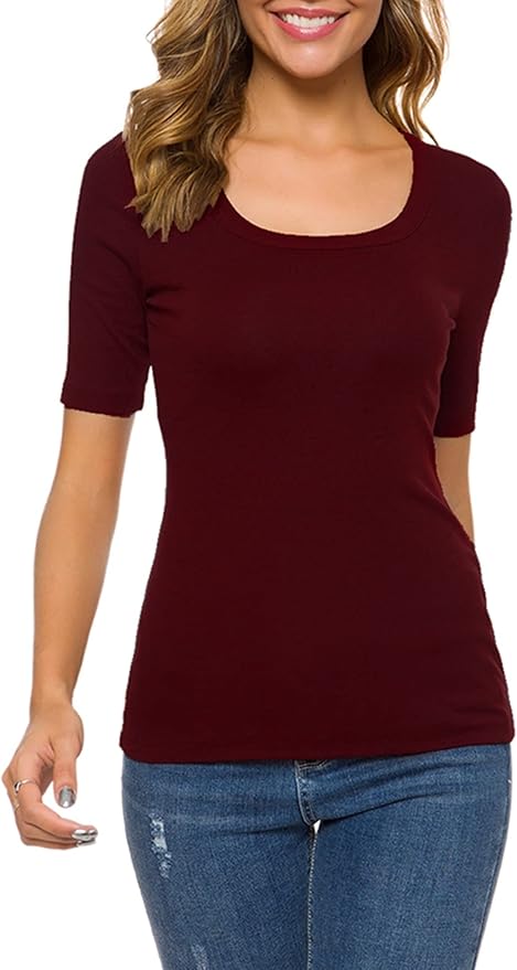 WOSALBA Womens Square U Neck Short Sleeve Basic Tee