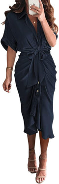 Ruched Satin Shirt Dress Maxi - Flattering Tie Waist Summer Dress L=US