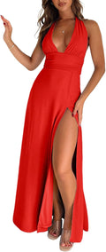 Ekaliy Womens Halter Deep V Neck Maxi Dress - Backless Split