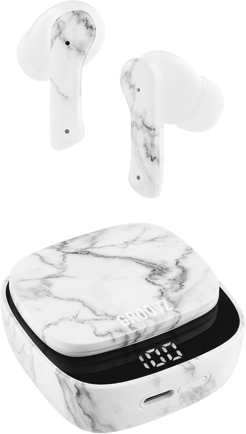 Premium USA Dual Mic Wireless Earbuds - 27Hr Battery - White Marble