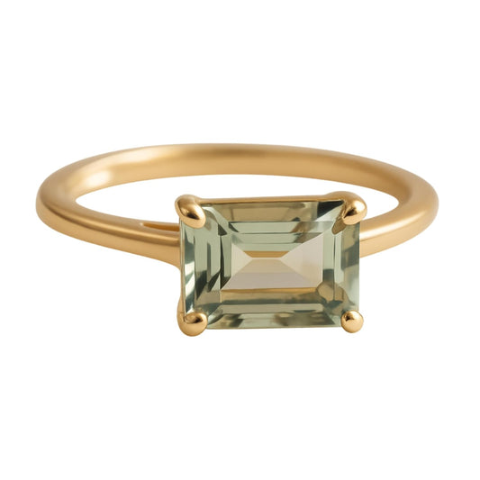 Green Amethyst Baguette Cut Gold Plated Sterling Silver Ring