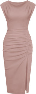 IHOT 2025 Women's Mock Neck Side Slit Ruched Bodycon Midi Dress light